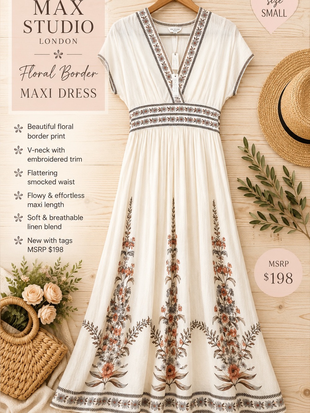 Max Studio London Floral Border Print Maxi Dress – Size Small – NWT